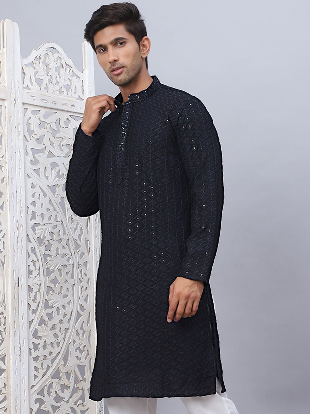 

Anouk Black Ethnic Motifs Embroidered Mandarin Collar Sequinned Straight Kurta