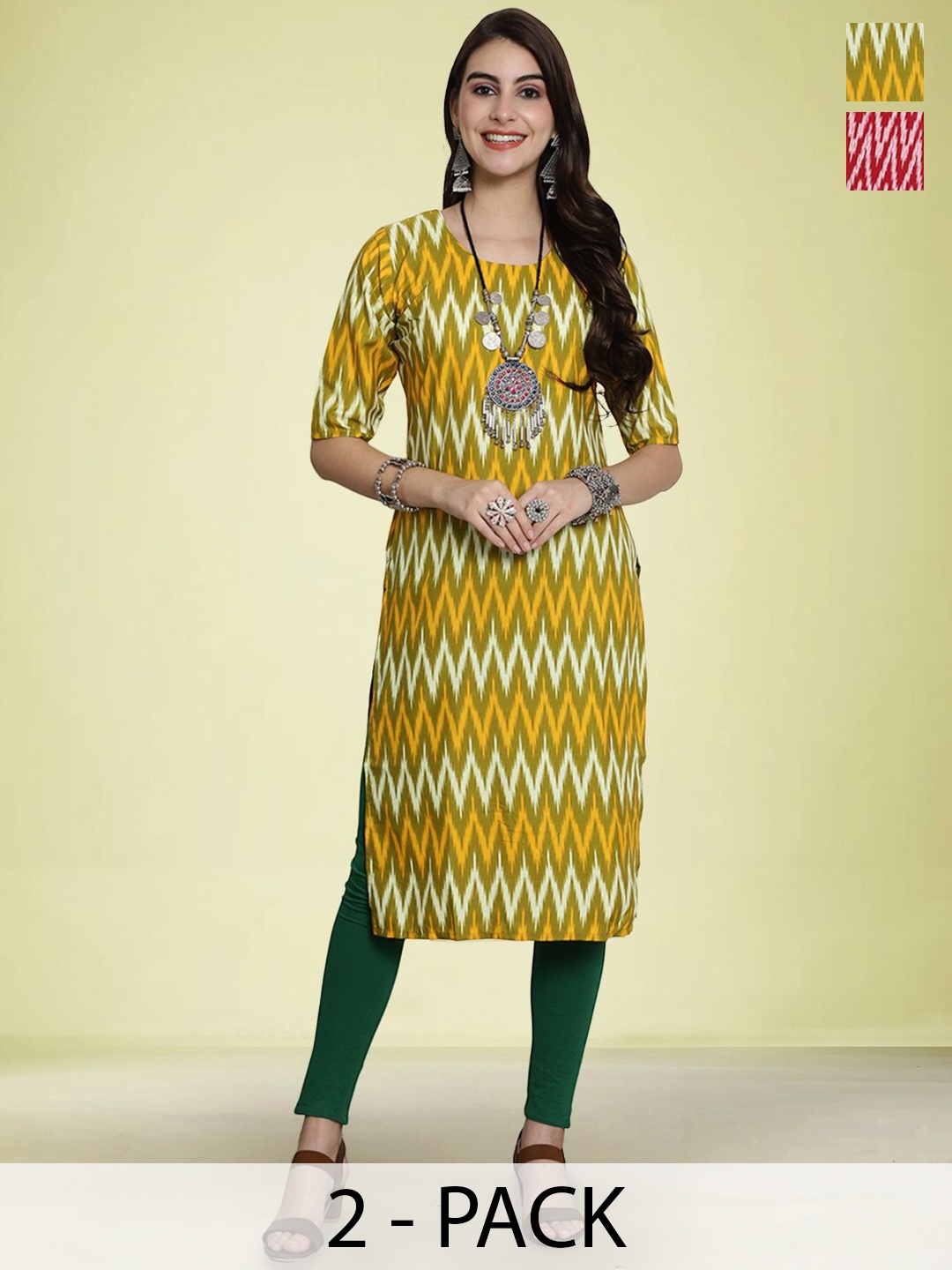 

Moda Rapido Selection Of 2 Chevron Printed Round Neck Straight Kurtas, Olive