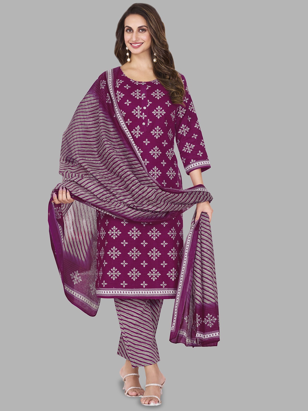 

Simmu Women Printed Regular Pure Cotton Kurta with Churidar & With Dupatta, Purple