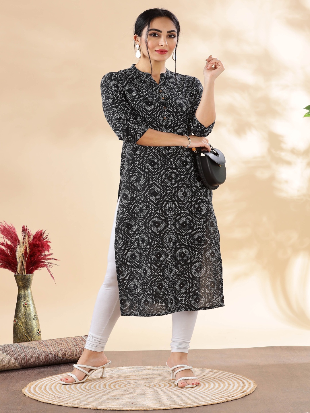 

Anouk Geometric Printed Mandarin Collar Pure Cotton Straight Kurta, Black