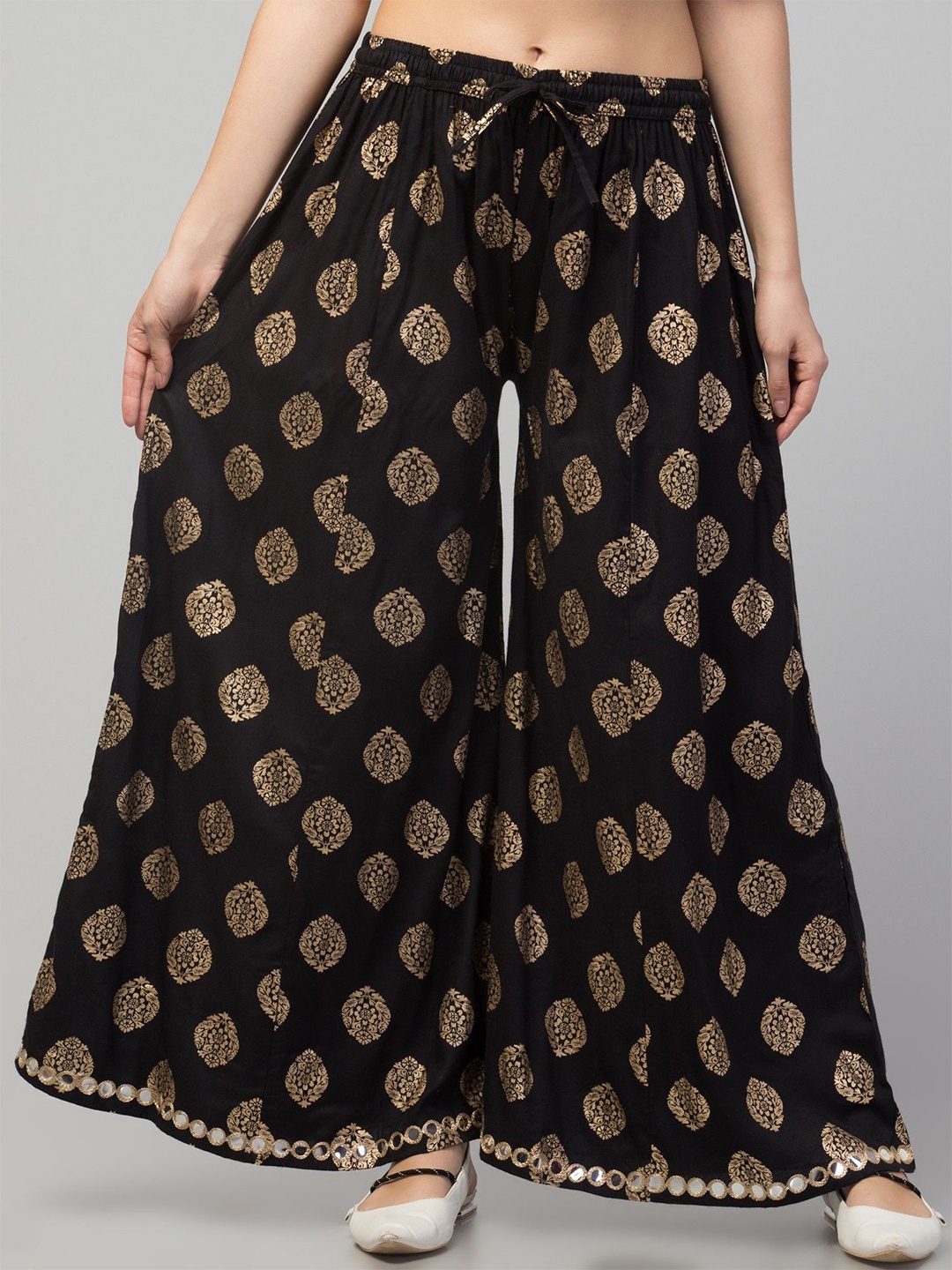 

FAMBEE Women Floral Printed Flared Knitted Ethnic Palazzos, Black
