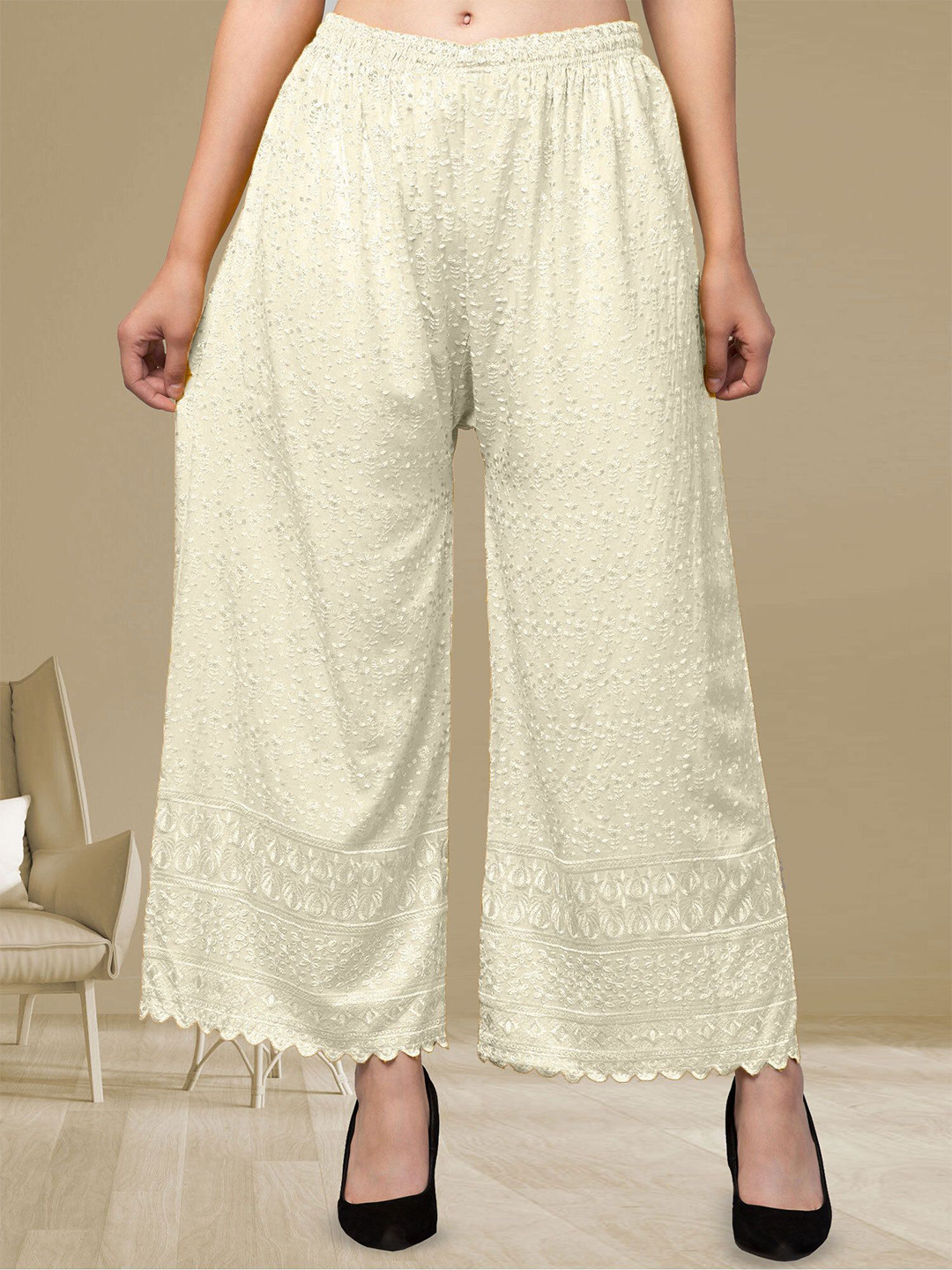 

FAMBEE Women Floral Embroidered Flared Knitted Palazzos, Cream