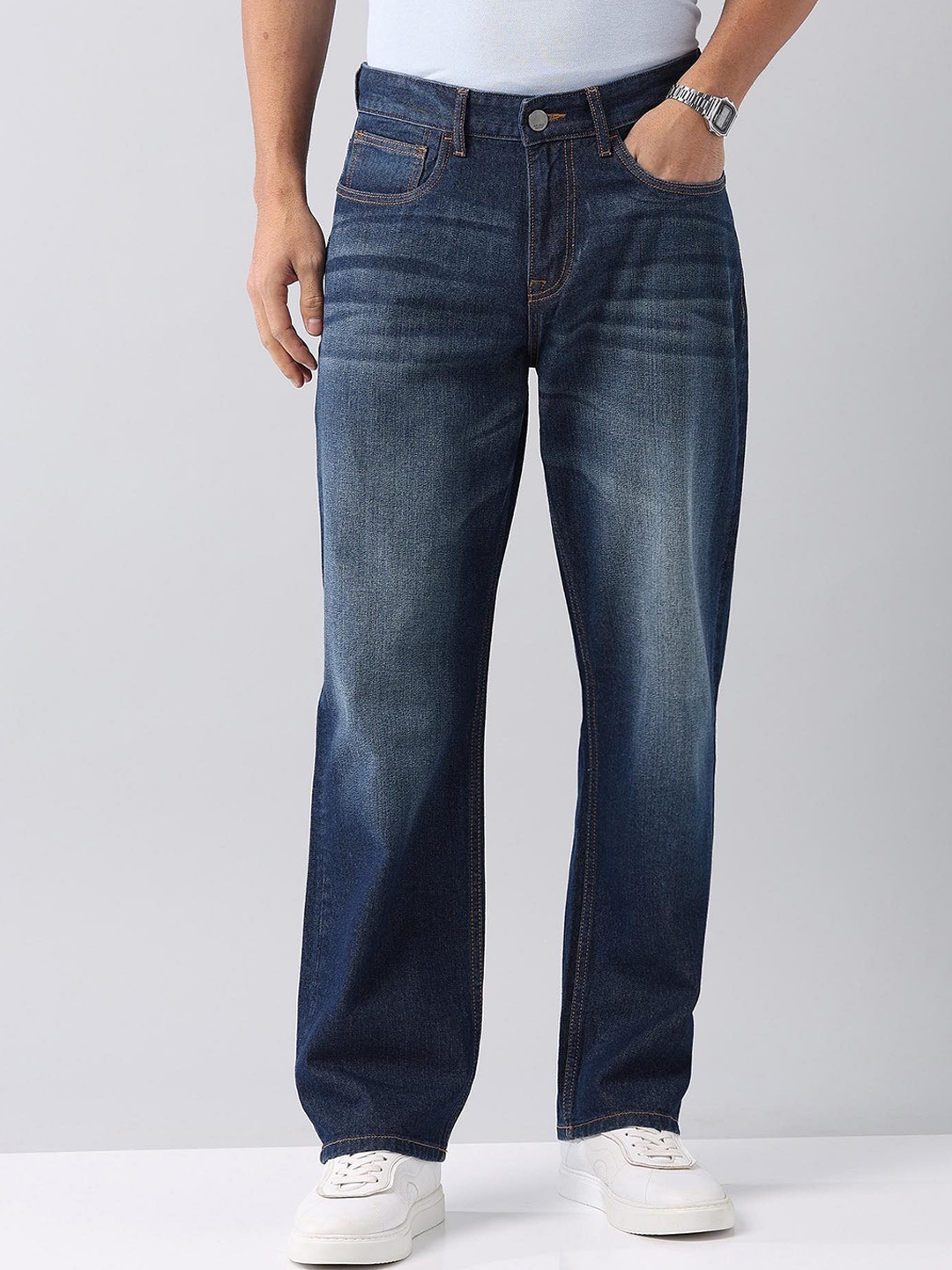 

AD By Arvind Men Baggy Fit Mid Rise Low Distress Light Fade Cotton Jeans, Blue