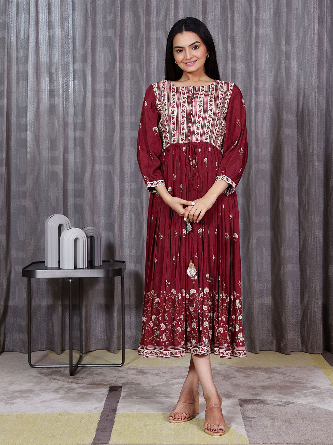 

SUKRUTI DESIGN Floral Printed Puff Sleeves Silk Fit & Flare Midi Dress, Maroon