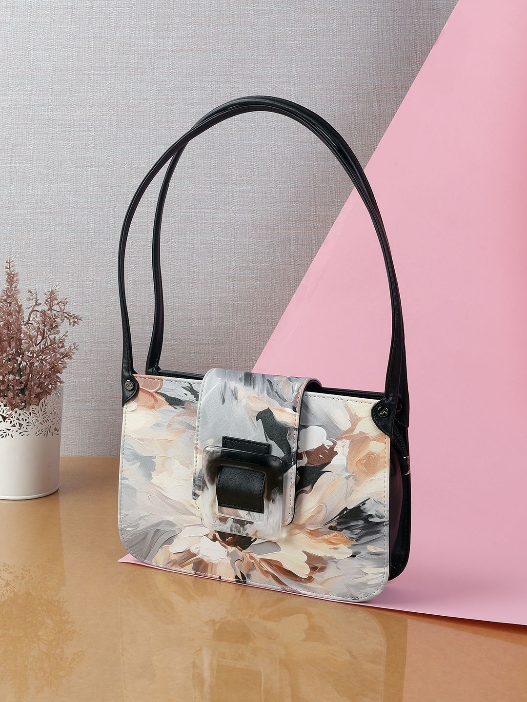 

Metro Women Floral Printed Structured Shoulder Bag, Beige