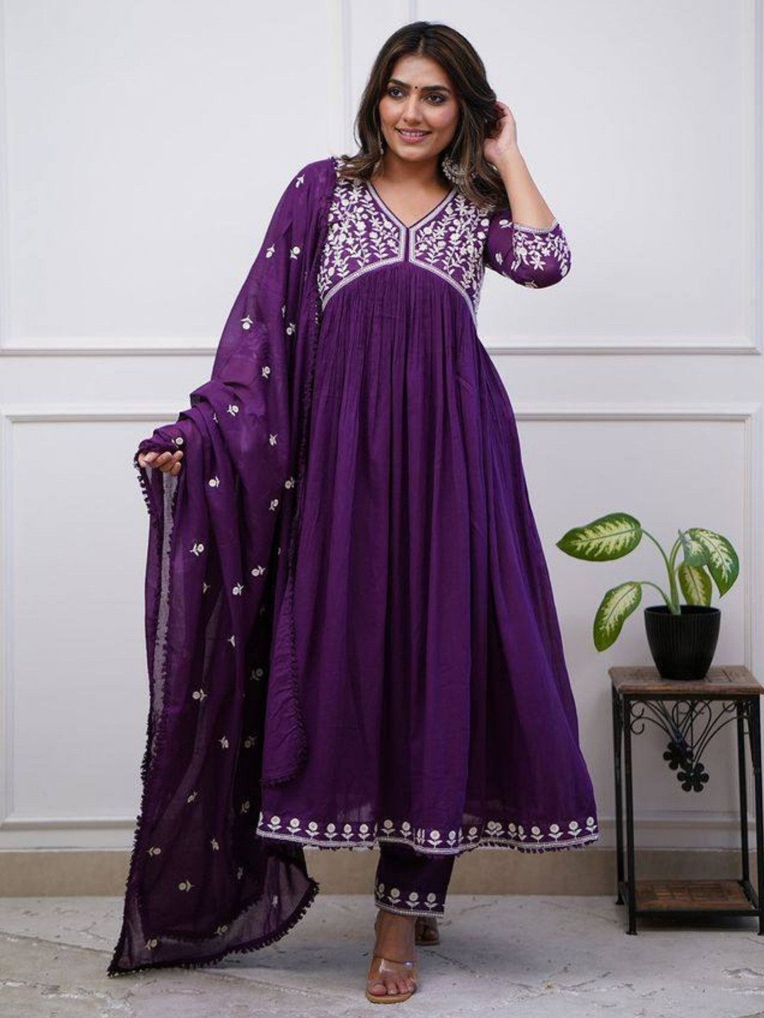 

KALINI Floral Embroidered V-Neck Pleated A-line Kurta with Trouser & Dupatta, Purple