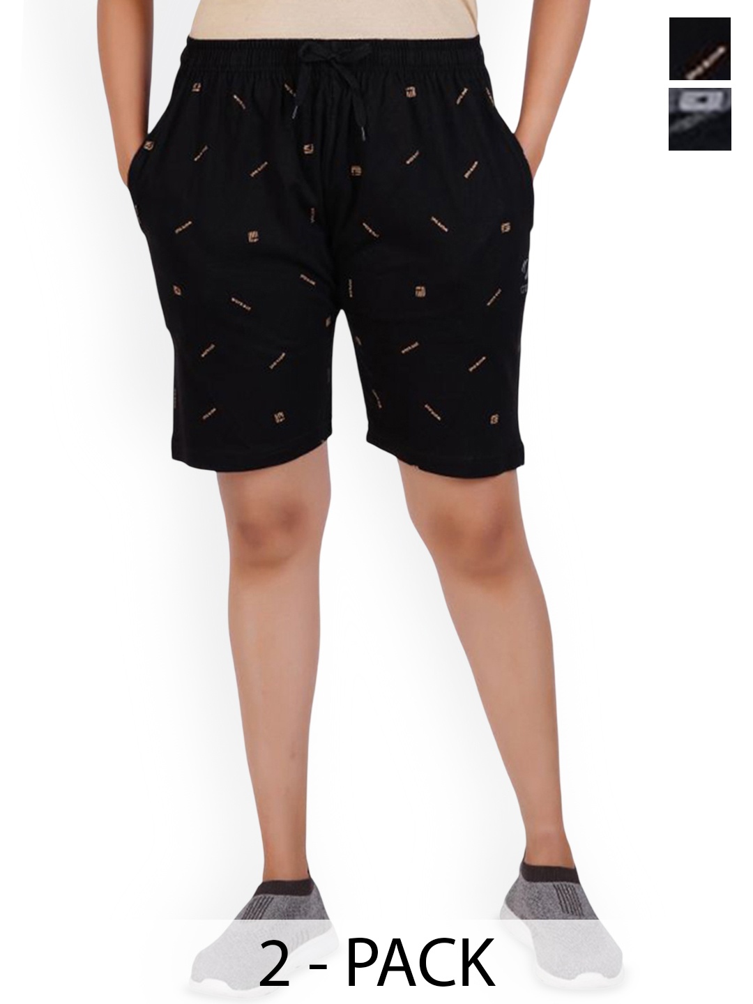 

FEEL TRACK Women Pack Of 2 Printed Mid-Rise Cotton Shorts, Black