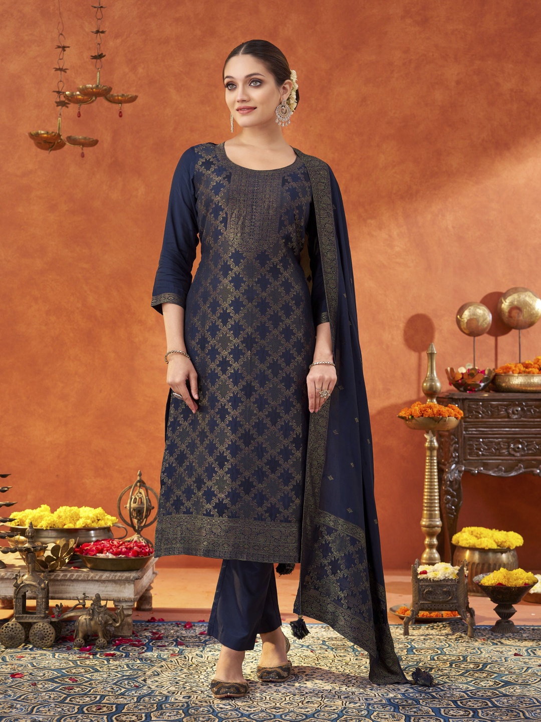 

Shaily Women Regular Pure Silk Kurta with Trousers & With Dupatta, Navy blue