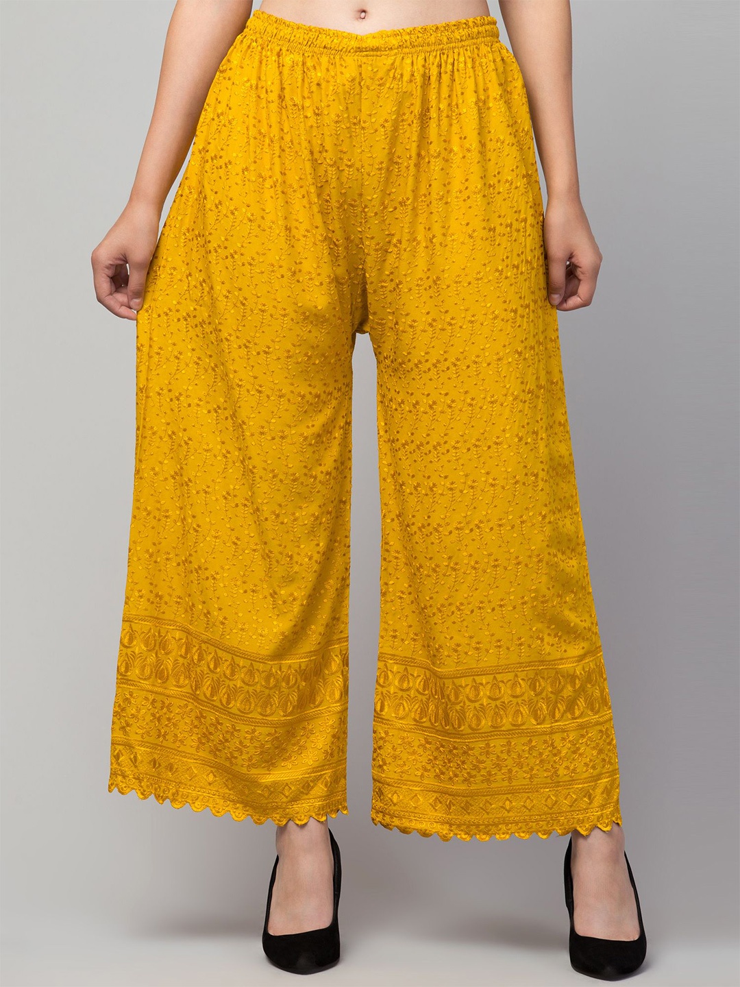 

FAMBEE Women Floral Embroidered Flared Knitted Palazzos, Yellow