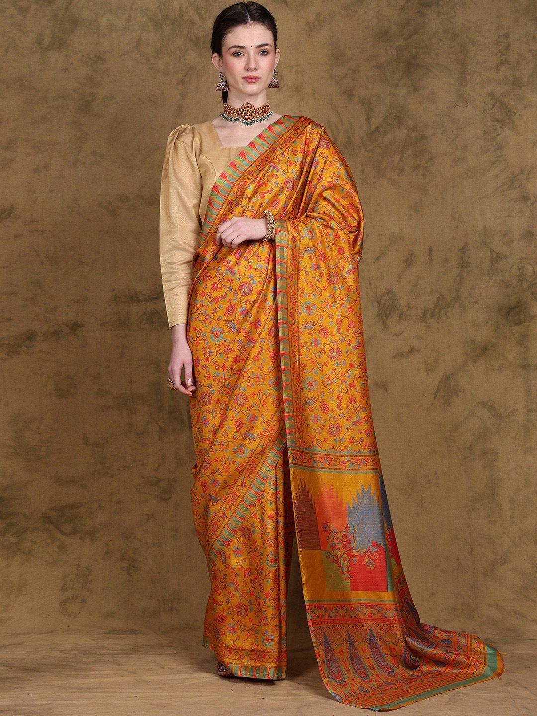 

Exotic India Kani Saree with Printed Multicolor Floral Paisley Vines, Gold