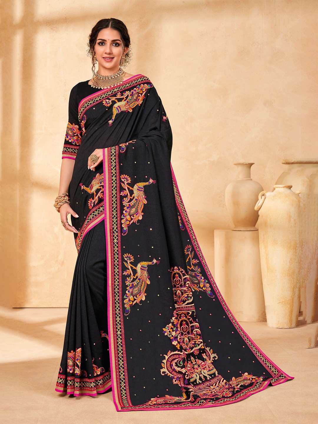 

Laxmipati Ethnic Motifs Heavy Work Embroidered Saree With Lace Border, Black