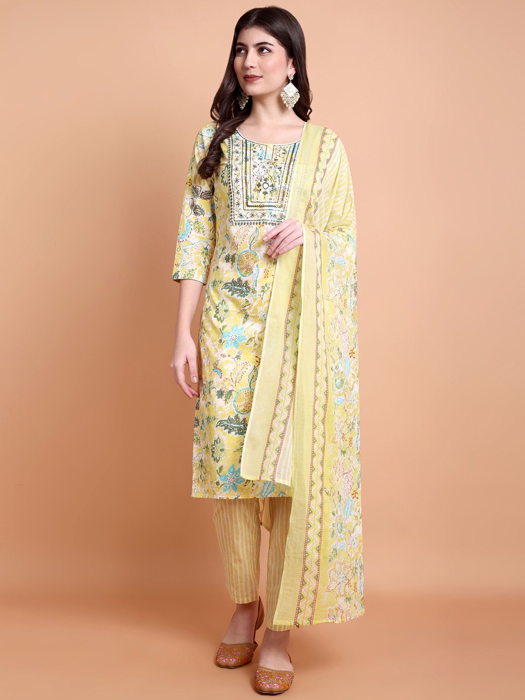 

WILL BOTTOM Women Floral Printed Regular Thread Work Pure Cotton Kurta with Trousers & With Dupatta, Mustard