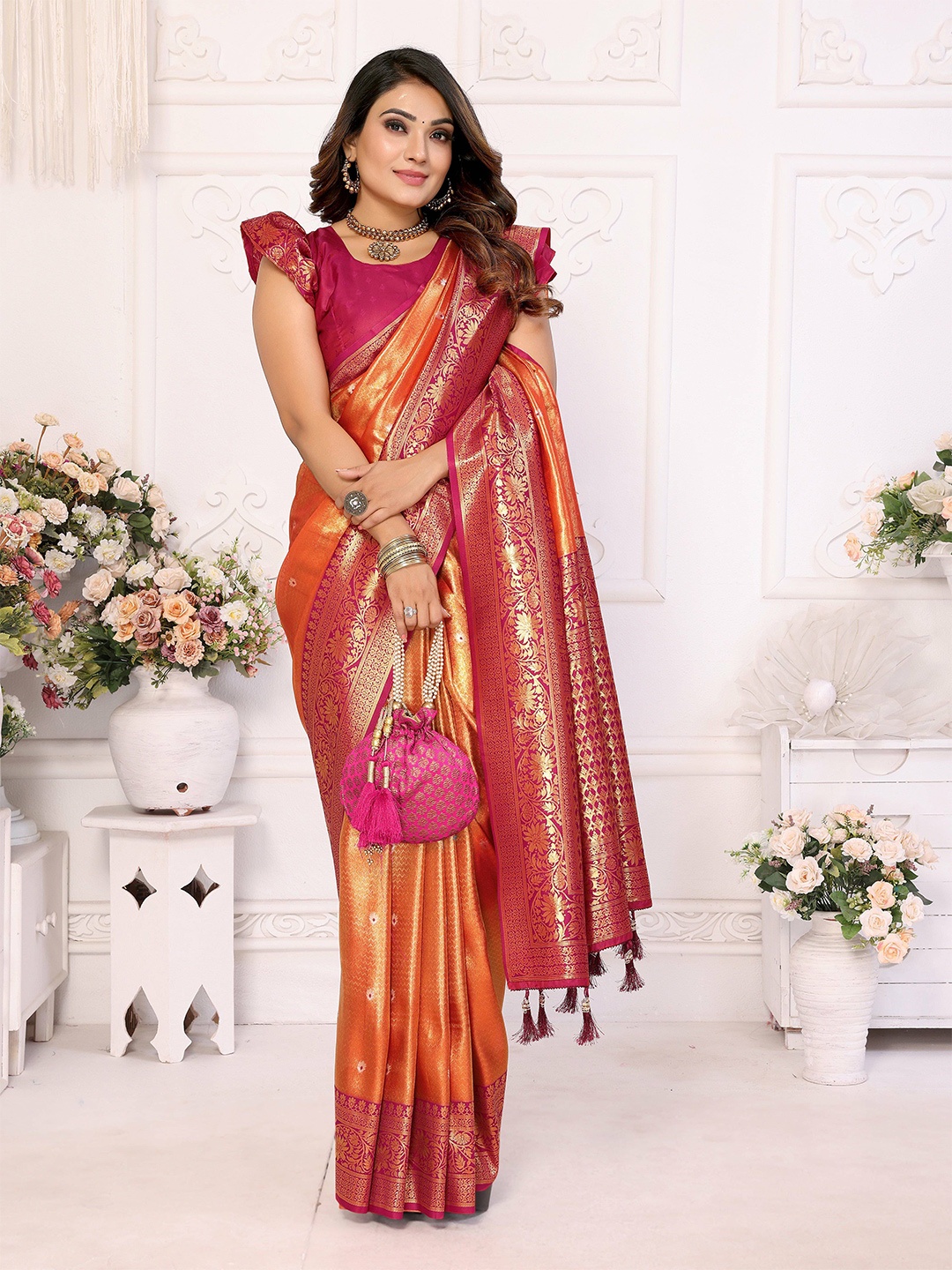 

Vintro Woven Design Zari Tissue Banarasi Saree, Orange