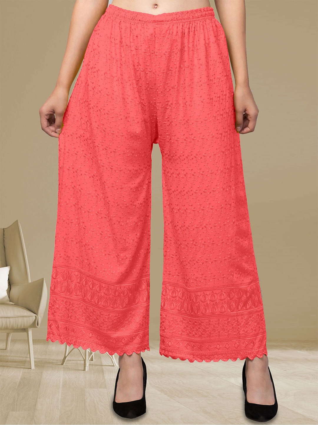 

FAMBEE Women Floral Embroidered Flared Knitted Palazzos, Pink
