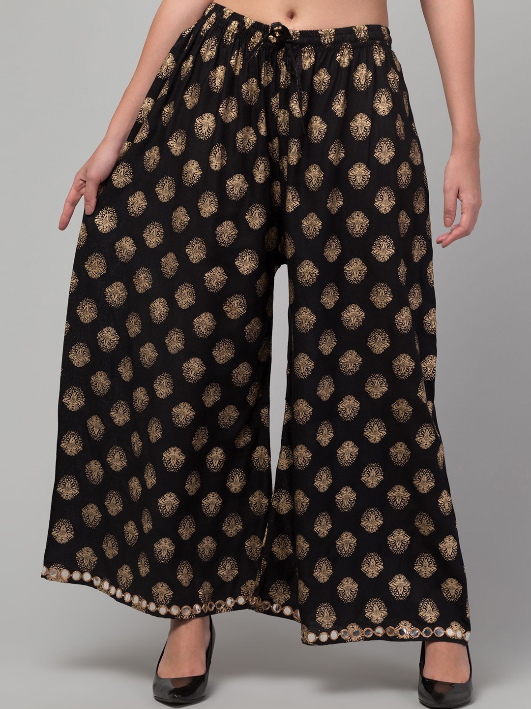 

FAMBEE Women Floral Printed Flared Knitted Palazzos, Black