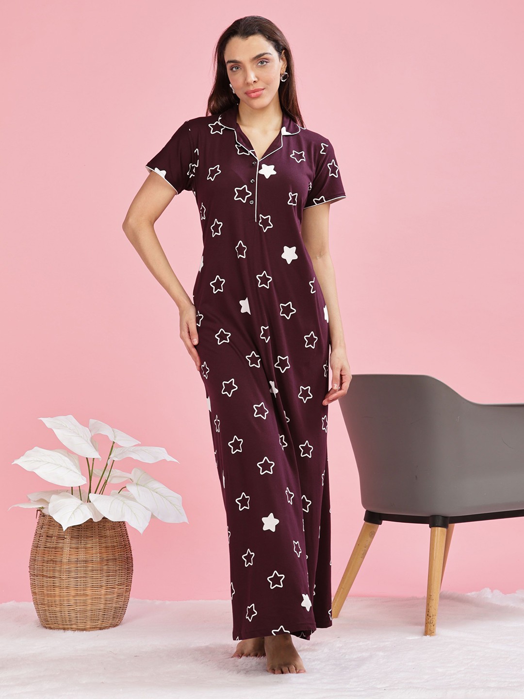 

9shines Label Printed Maxi Nightdress, Burgundy