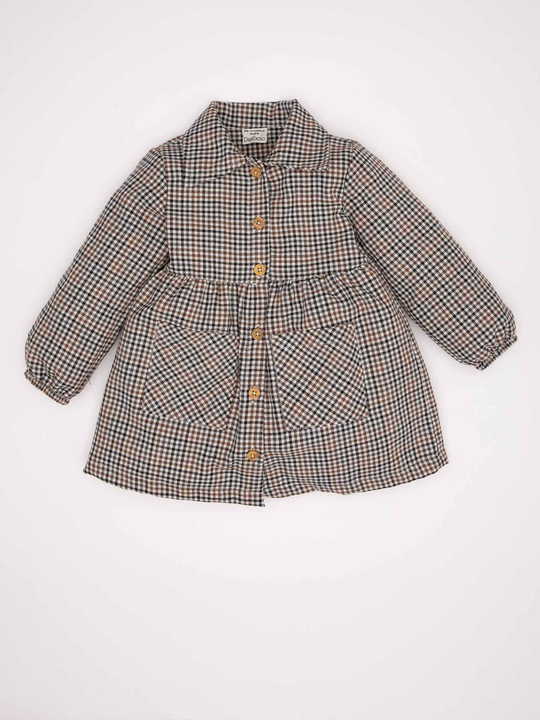 

DeFacto Girls Shirt Collar Bishop Sleeves Checked Shirt Dress, Brown
