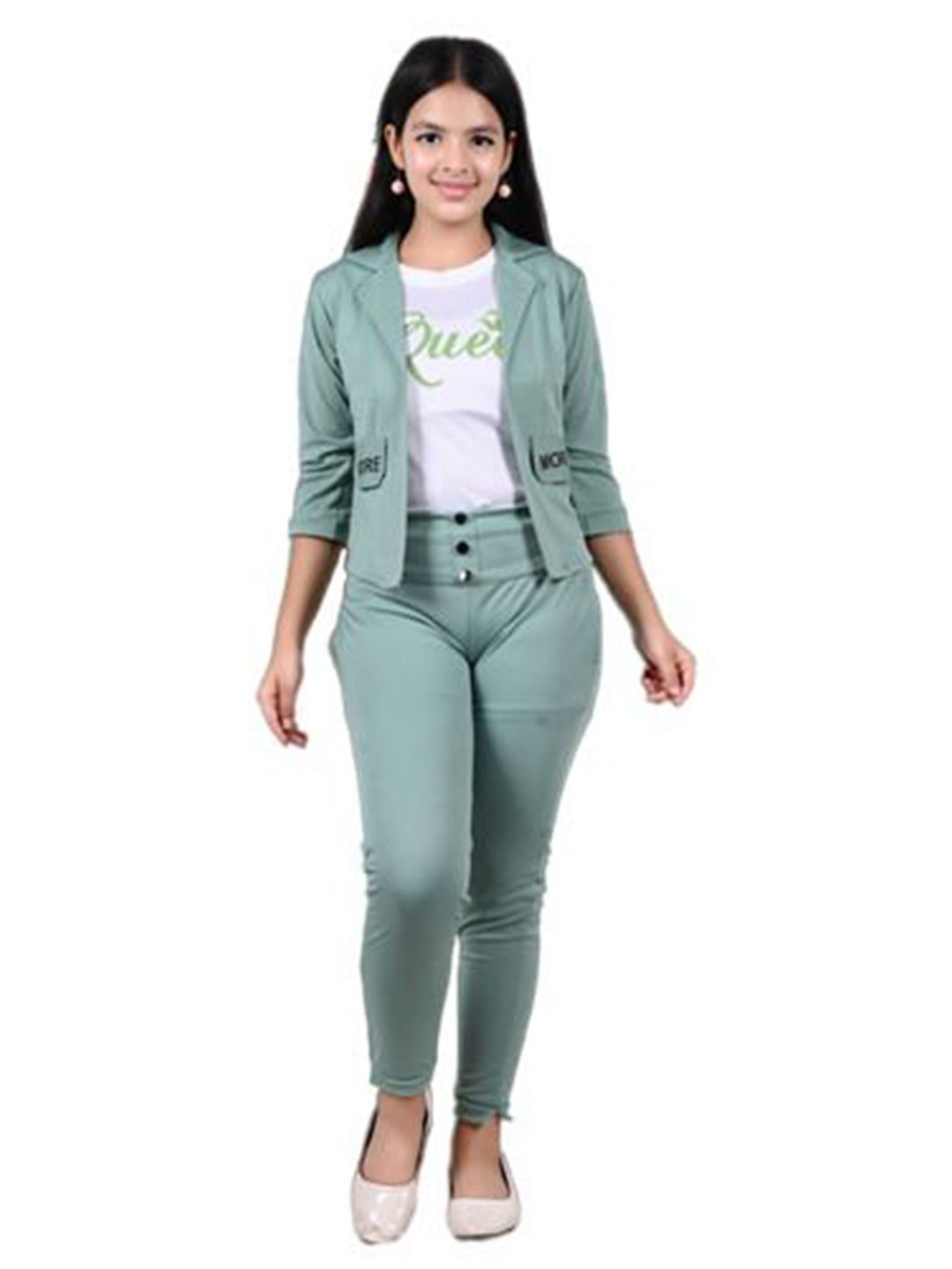 

NEYSA Girls Three Piece Printed Top with Trousers, Sea green
