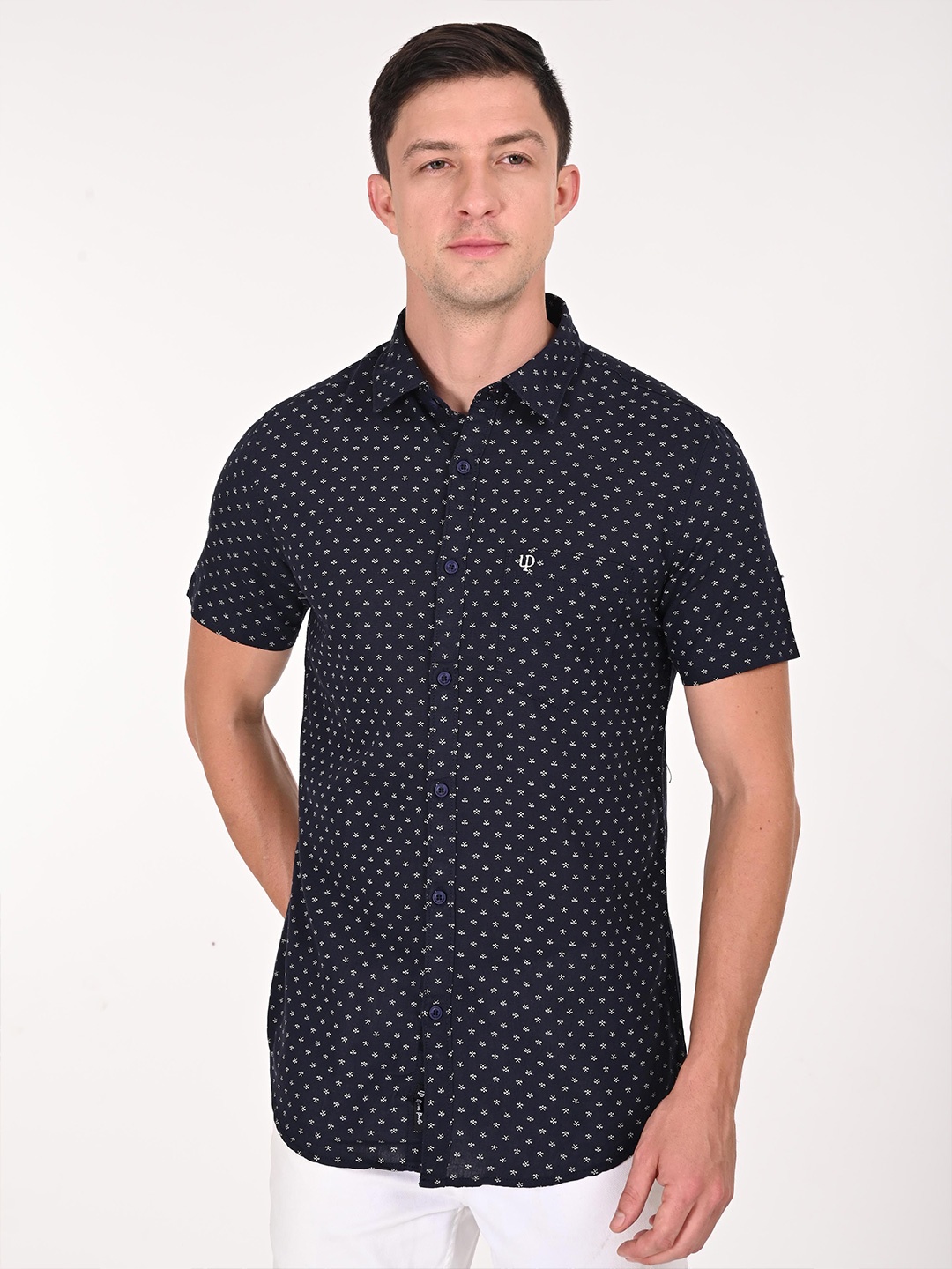 

URBAN POCHE Men Slim Fit Spread Collar Floral Printed Cotton Casual Shirt, Navy blue