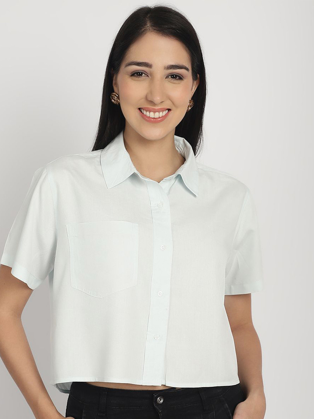 

Moda Rapido Cotton Spread Collar Shirt Collar Crop Top, Turquoise blue