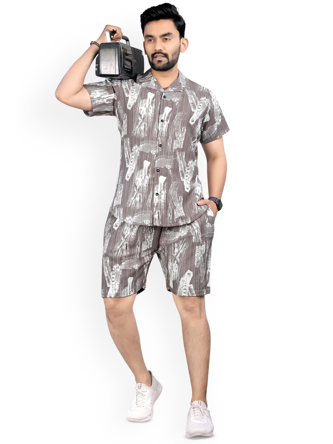 

VIMALNATH SYNTHETICS Abstract Printed Shirt Collar Shirt With Shorts, Grey
