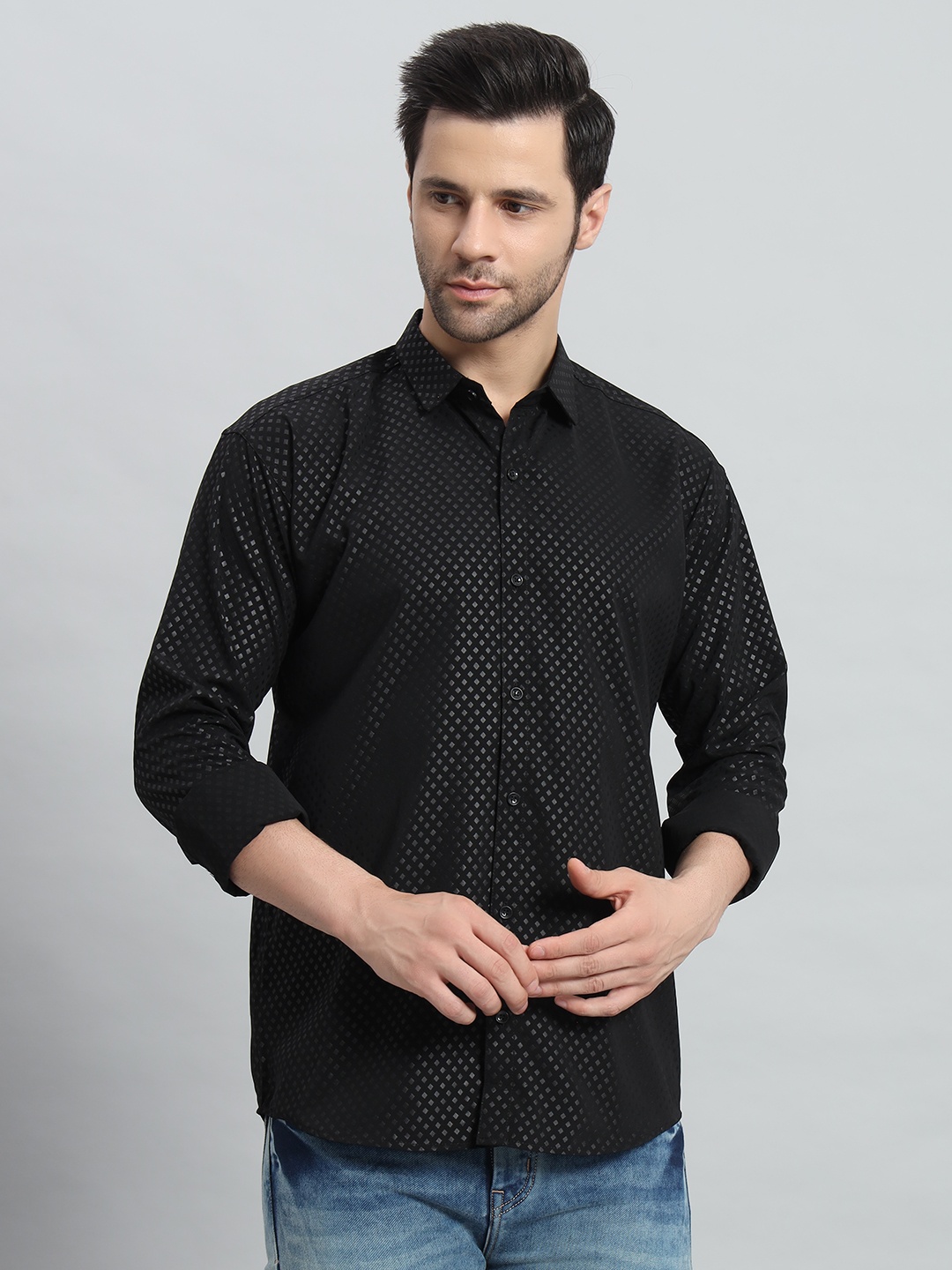 

BAESD Men Premium Slim Fit Opaque Printed Party Shirt, Black