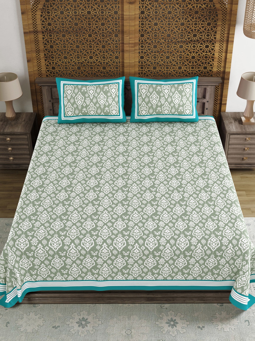 

Myntra Elegant Homes Green & Blue Printed 210 TC King Bedsheet Set 2.6924m x 2.6924m