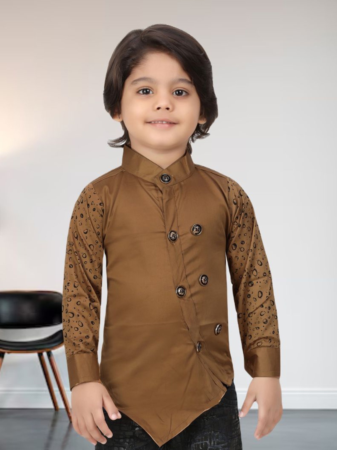 

BAESD Boys Classic Fit Band Collar Solid Cotton Casual Shirt, Brown