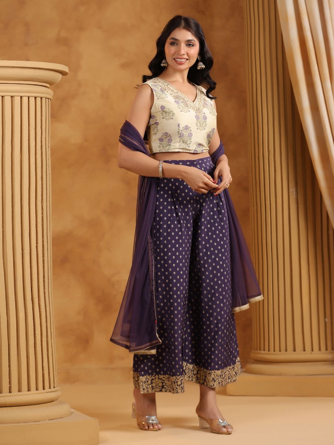 

Span Floral Printed Zardozi Pure Silk V-Neck Top With Palazzos And Dupatta, White