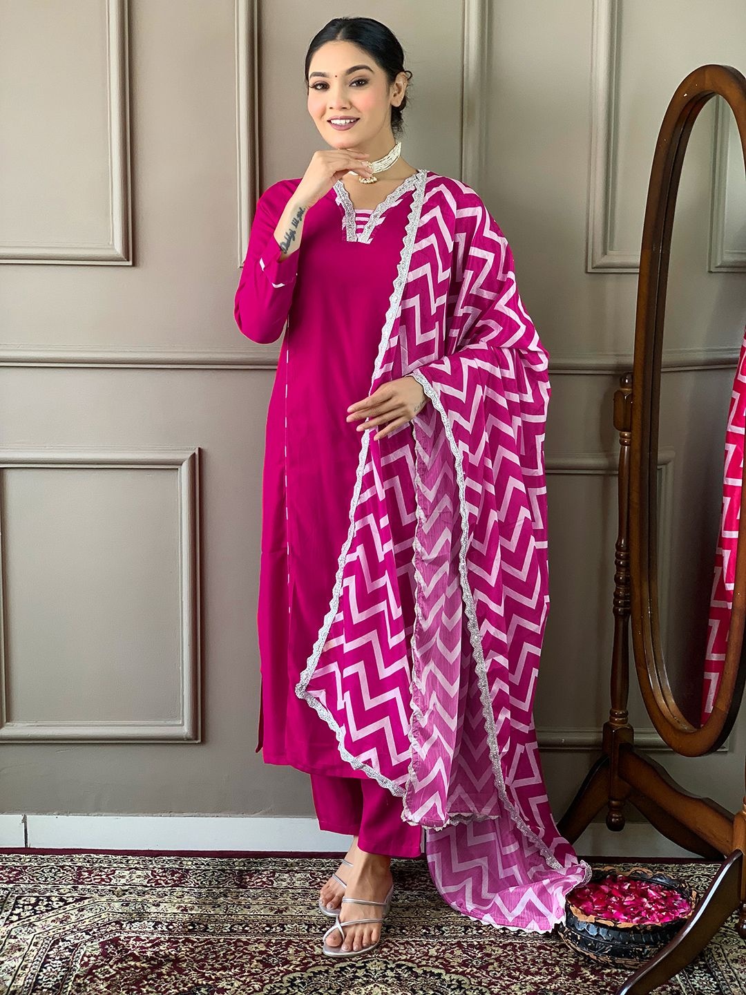 

KALINI Embroidered Yoke Design V-Neck Straight Kurta With Trousers & Dupatta, Pink