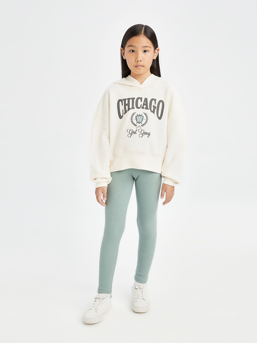 

DeFacto Girls Printed Hooded Sweatshirt With Leggings, White
