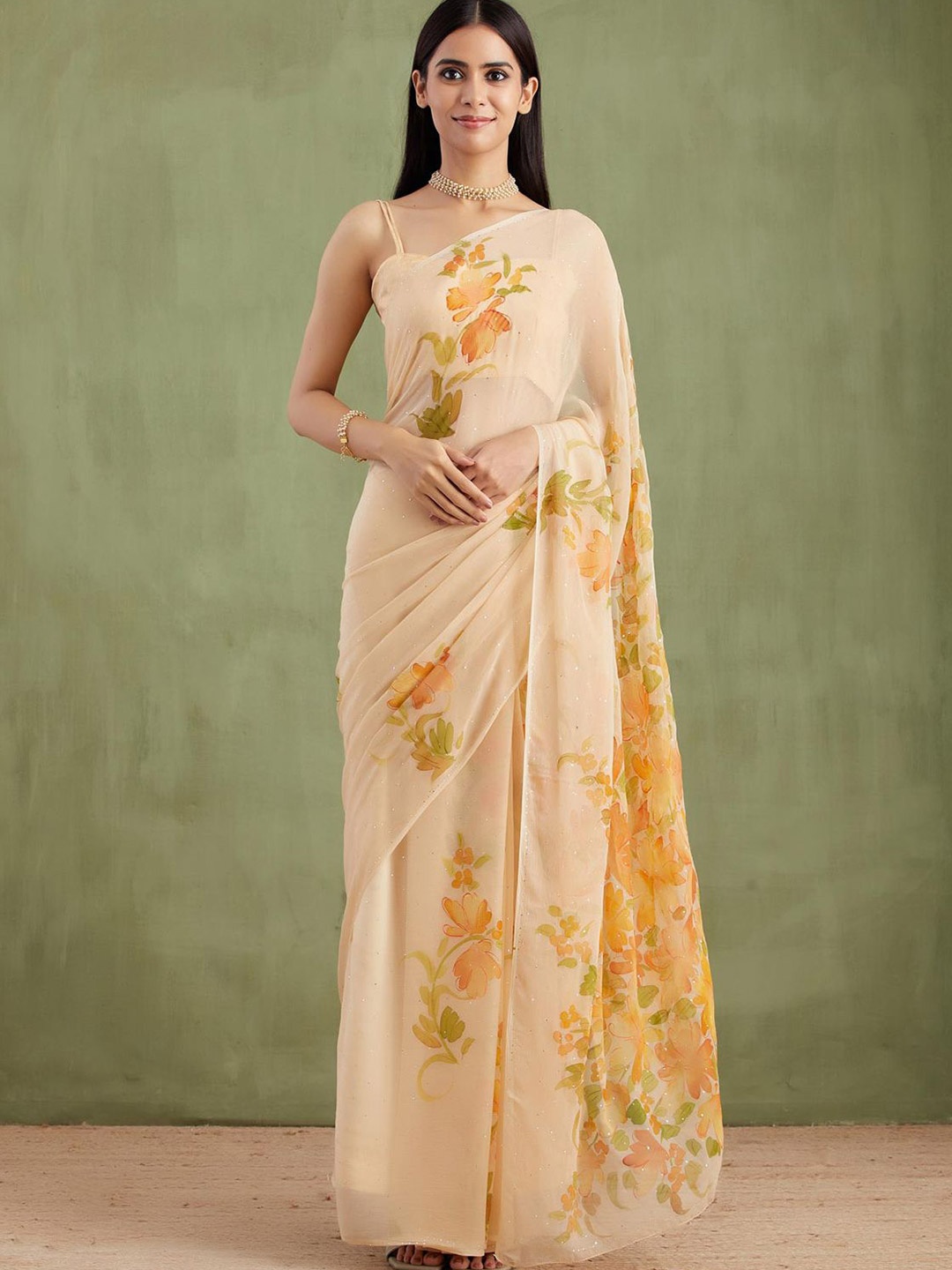 

Geroo Luxe Floral Hand Painted Mukaish Saree, Beige