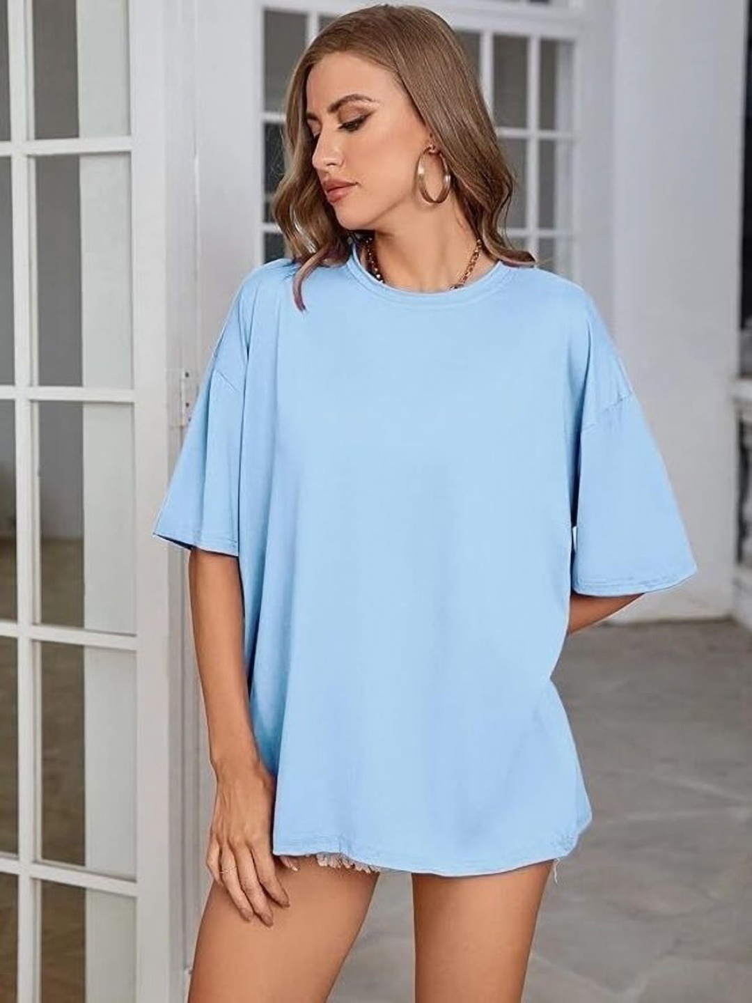 

SALUJA FABRICS Women Drop-Shoulder Sleeves Pockets T-shirt, Blue