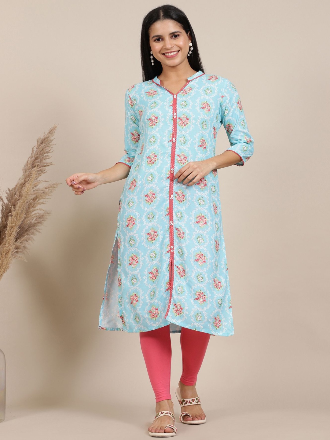 

AURELIA Floral Printed Mandarin Collar Straight Kurta With Legging, Blue
