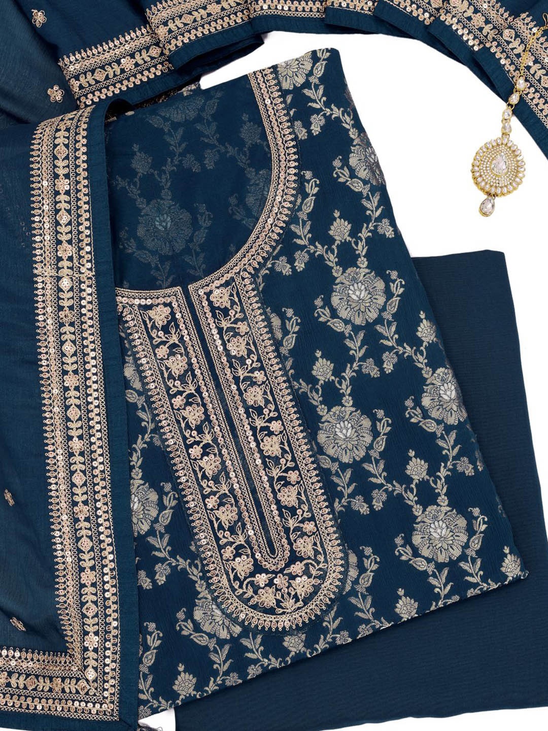 

KULEESH Floral Printed Zari Semi-Stitched Dress Material, Blue