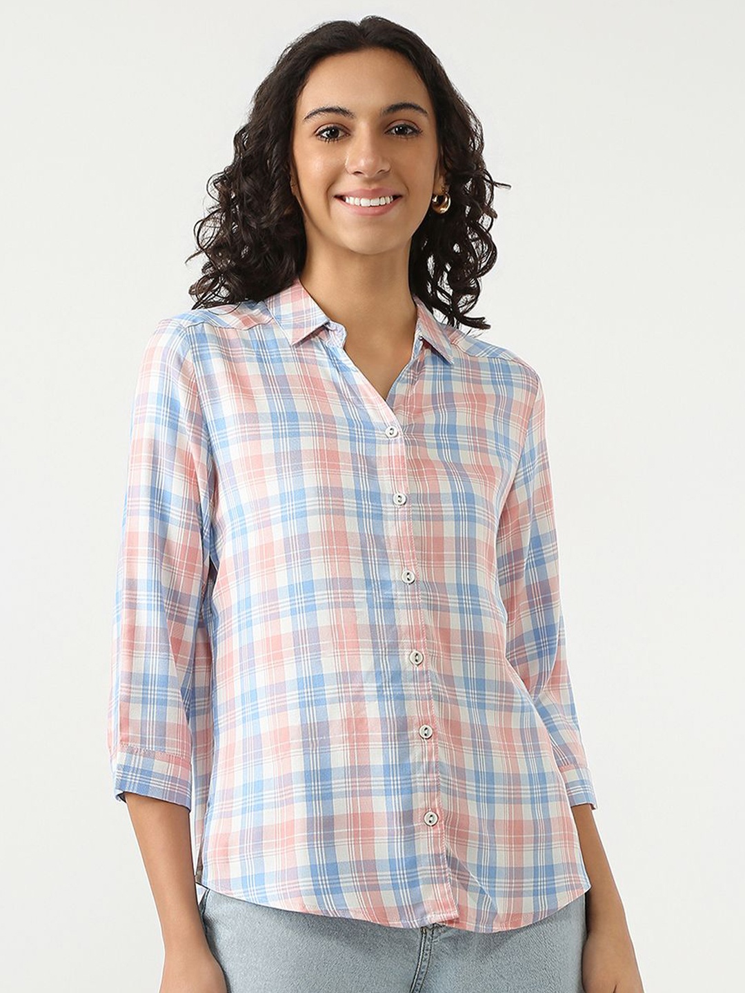 

Kraus Jeans Women Slim Fit Spread Collar Tartan Checked Casual Shirt, Peach