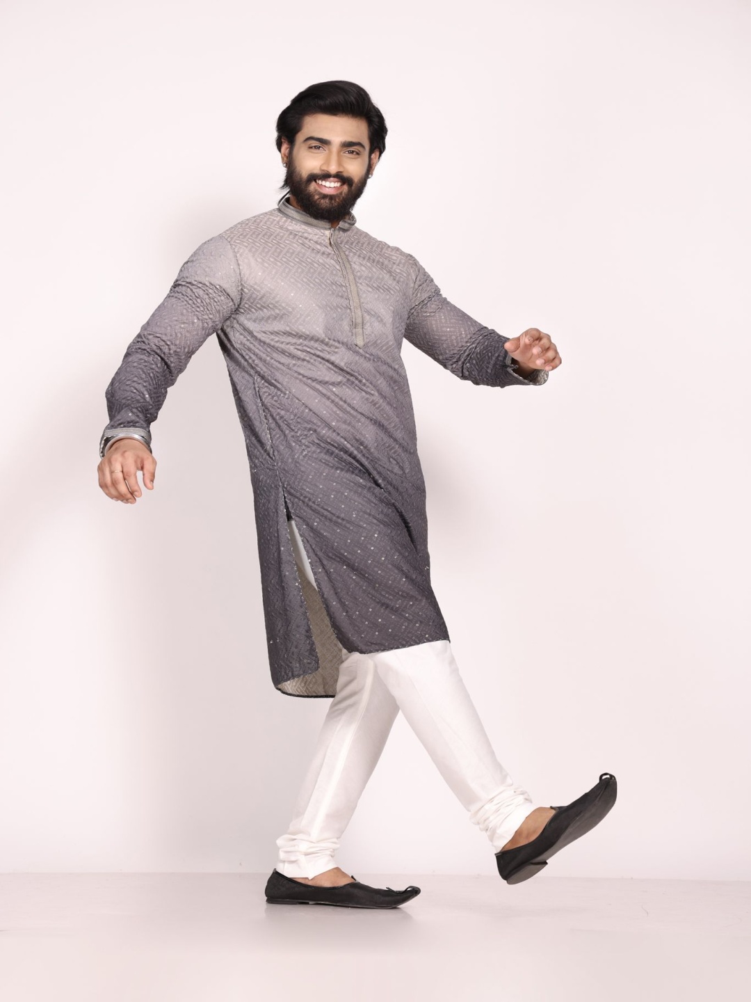 

KHAAS Chevron Woven Design Mandarin Collar Sequins Pure Cotton Straight Kurta, Grey