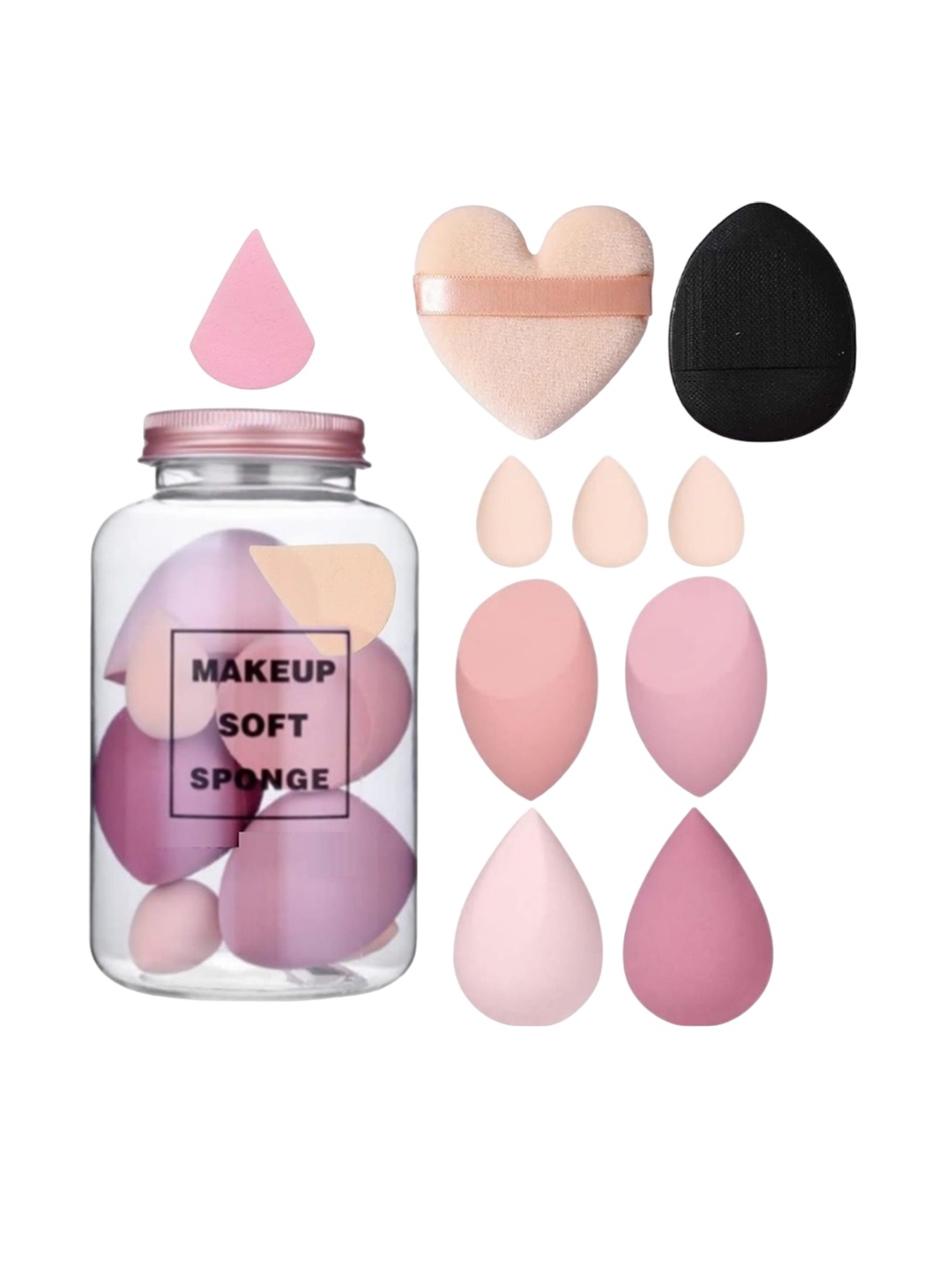 

Facejewel Set Of 10 Makeup Sponges With Powder Puff With Big Heart, Triangle & Finger Puff, Pink