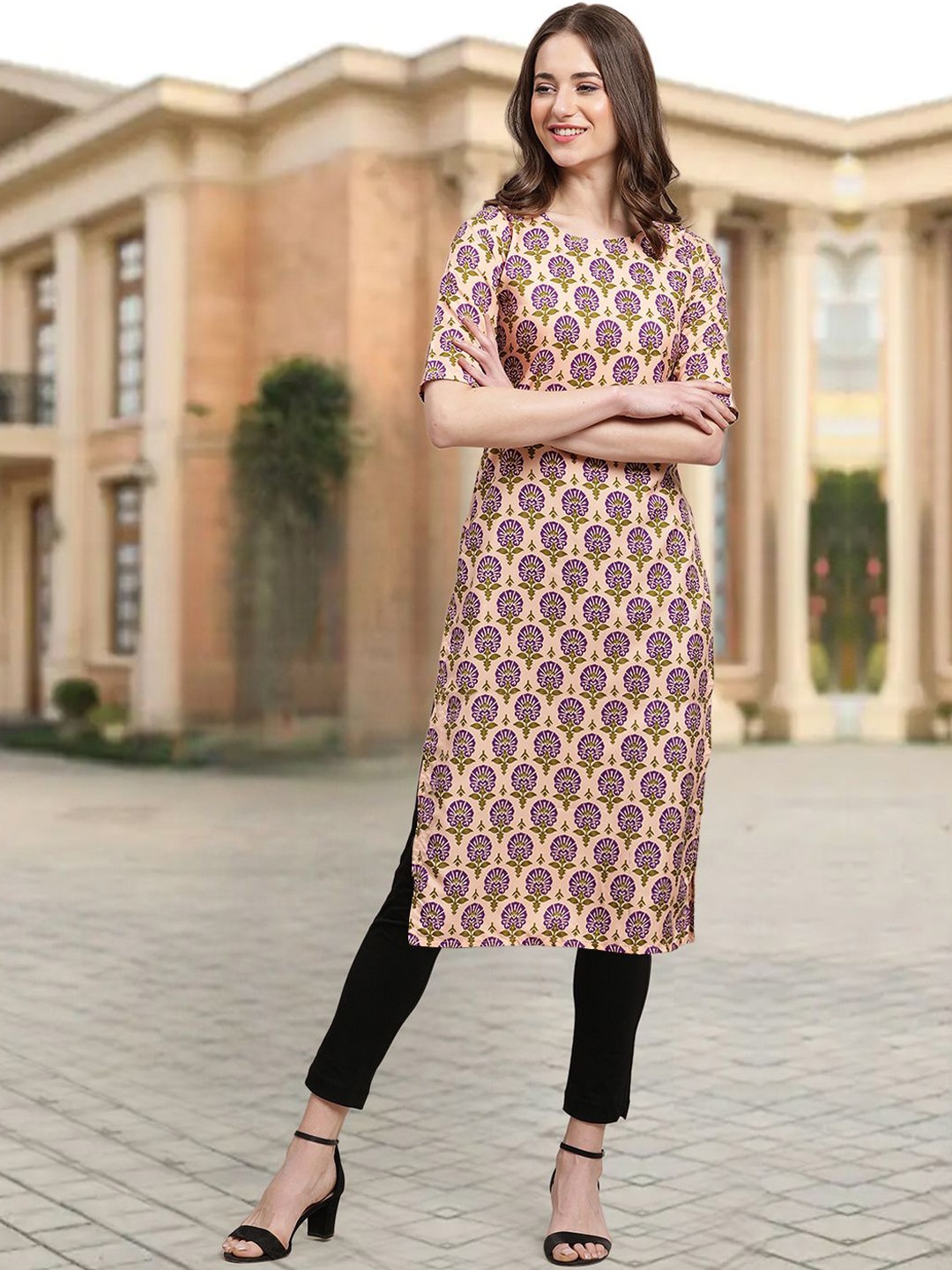 

7Threads Ethnic Motifs Printed Round Neck Straight Kurta, Beige