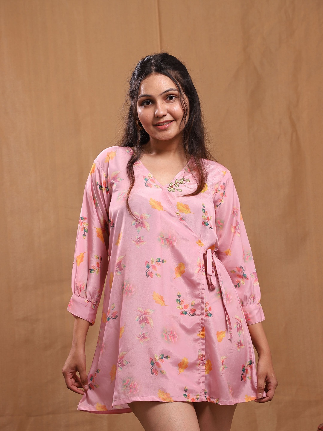 

Swarna Akriti Floral Print Wrap Longline Top, Peach