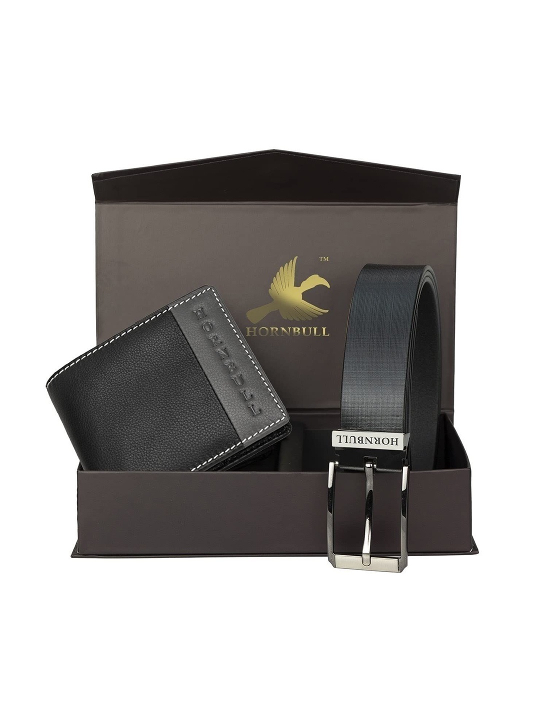 

Hornbull Taylor Leather RFID Safety Black-Grey Wallet & Black Belt Accessory Gift Set