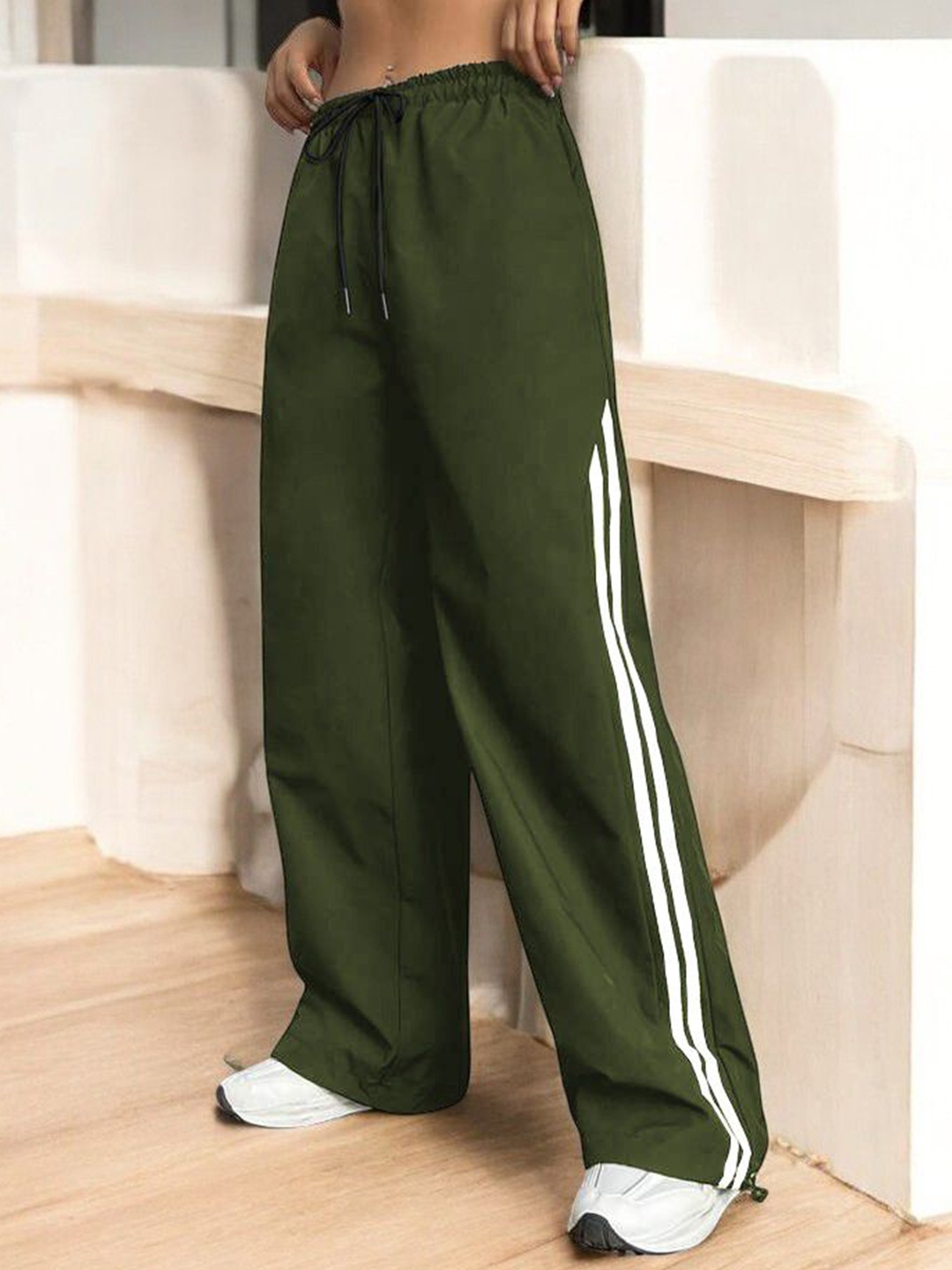 

TABADTOD Women Striped Relaxed Loose Fit Easy Wash Parallel Trousers, Olive