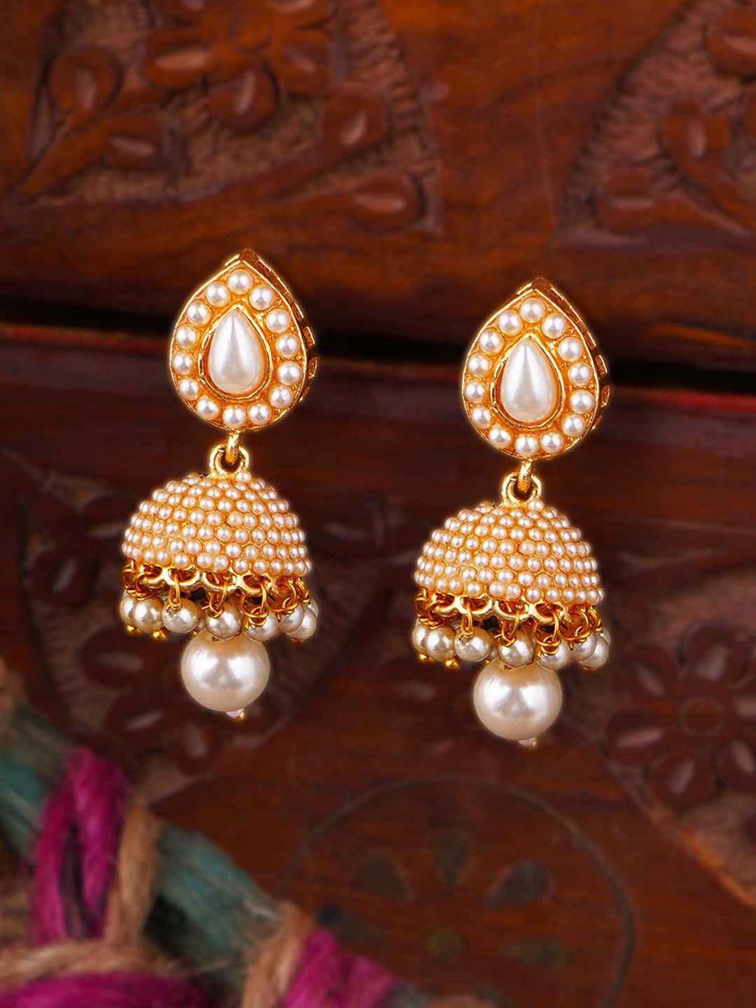 

Adwitiya Collection Gold-Plated Artificial Beaded Dome Shaped Jhumkas