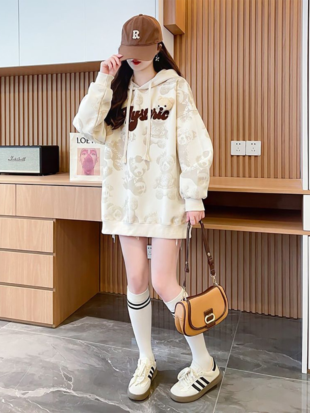 

StyleCast x Revolte Women Graphic Printed Hooded Longline Cotton Sweatshirt, Beige
