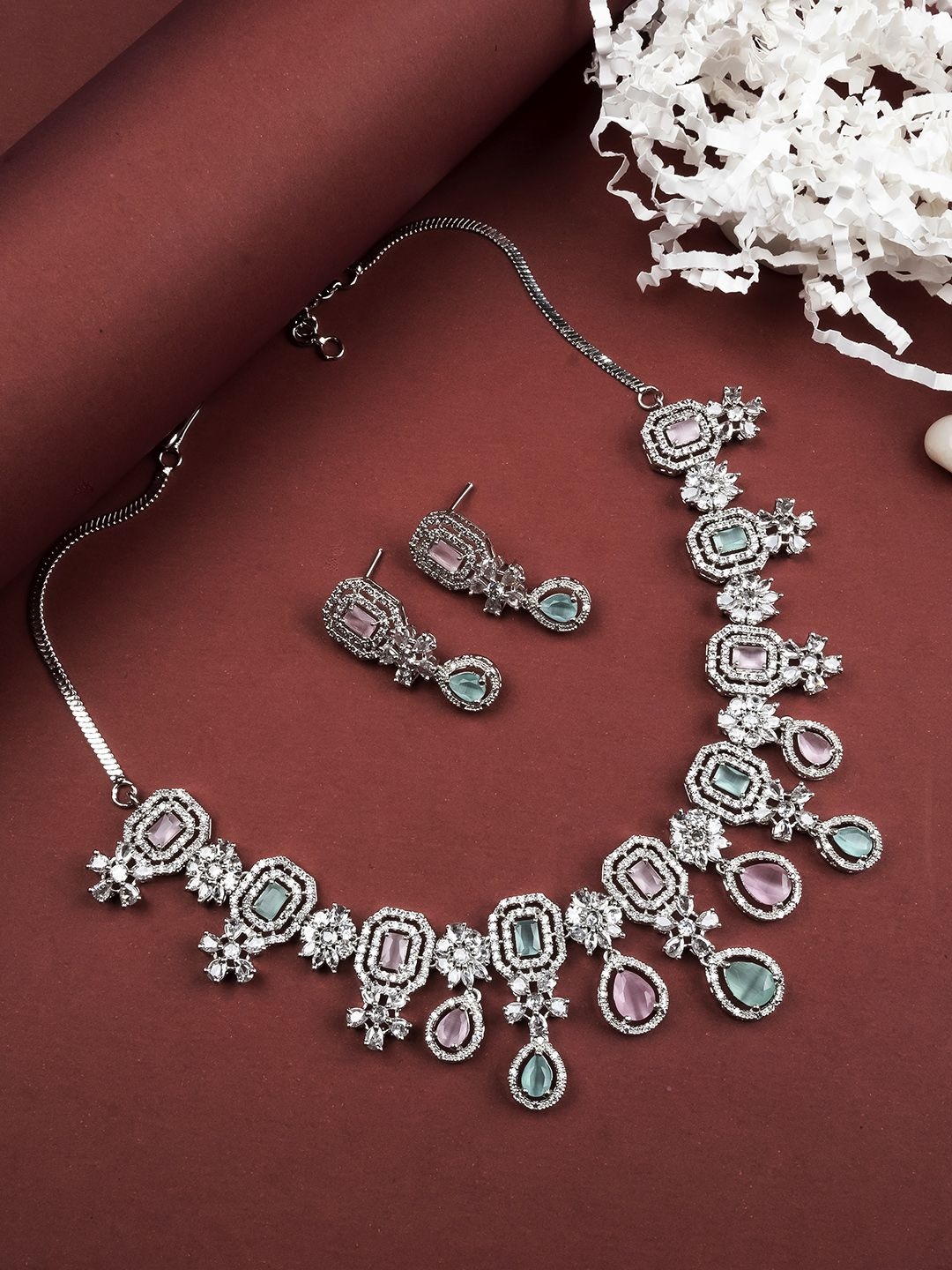 

StileAdda Silver-Plated American Diamond Studded Jewellery Set