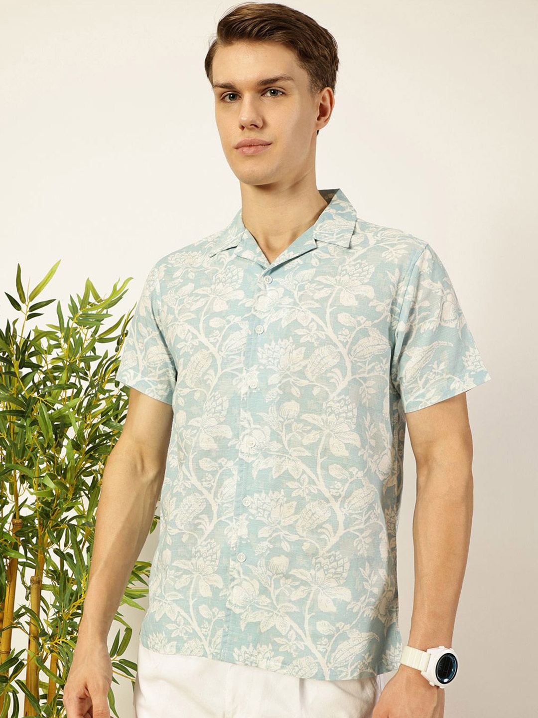 

Mast & Harbour Men Cuban Collar Floral Printed Cotton Casual Shirt, Blue