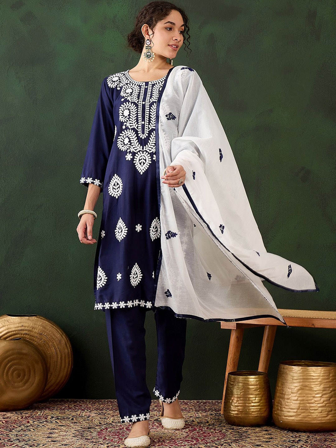 

KALINI Women Floral Embroidered Regular Chikankari Kurta with Trousers & With Dupatta, Navy blue