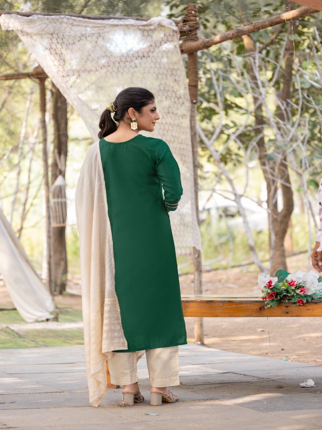 

Twika Floral Yoke Design Round Neck Sequinned Straight Kurta With Trouser & Dupatta, Green