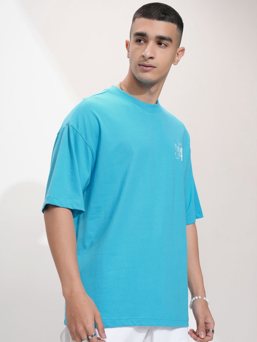 

HIGHLANDER Men Disney Typography Printed Round Neck Cotton Oversized Tshirt, Turquoise blue