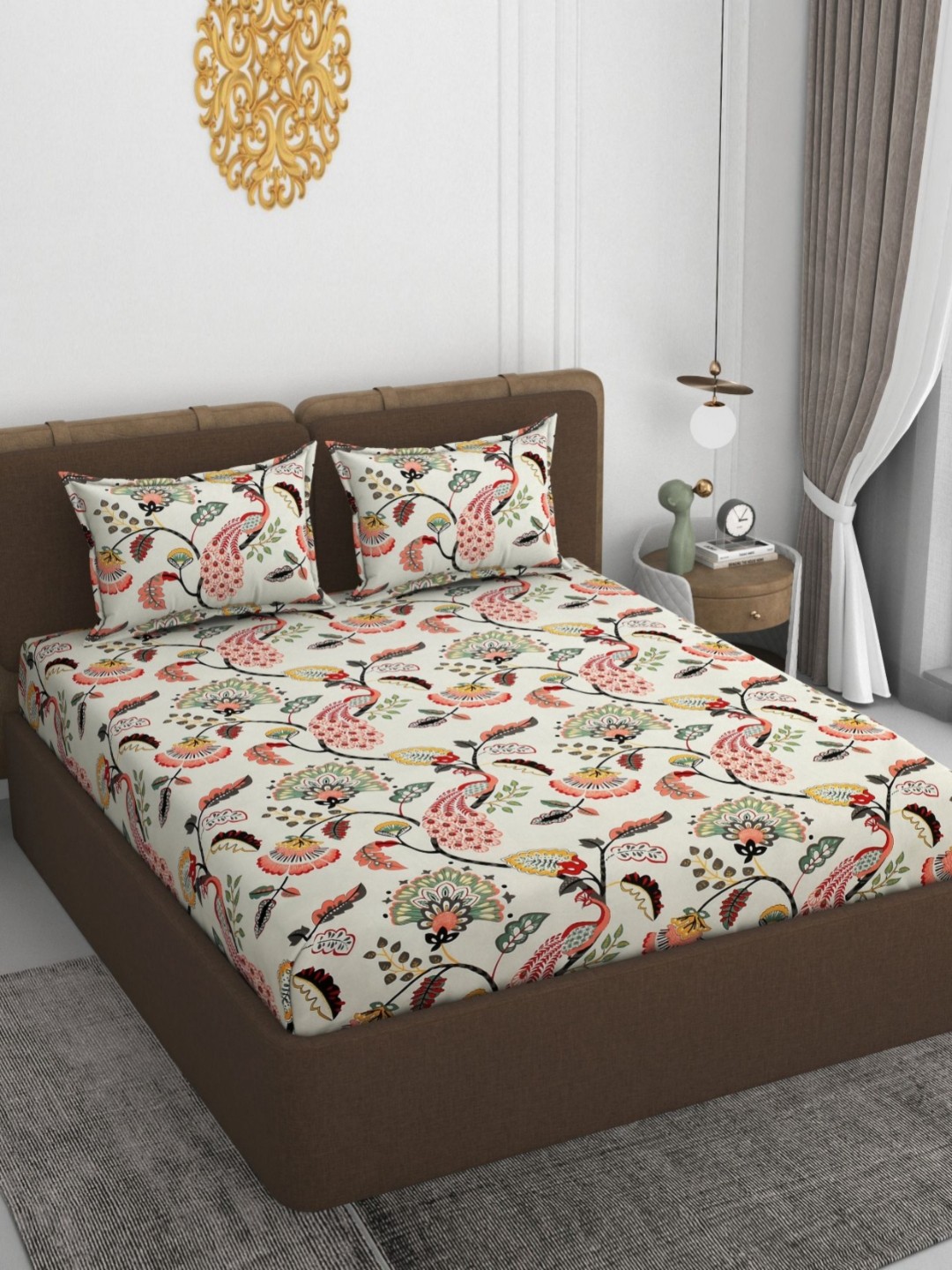 

VOMZER White Floral Printed Cotton 210 TC Fitted King Bedsheet Set -1.98 m x 1.83 m